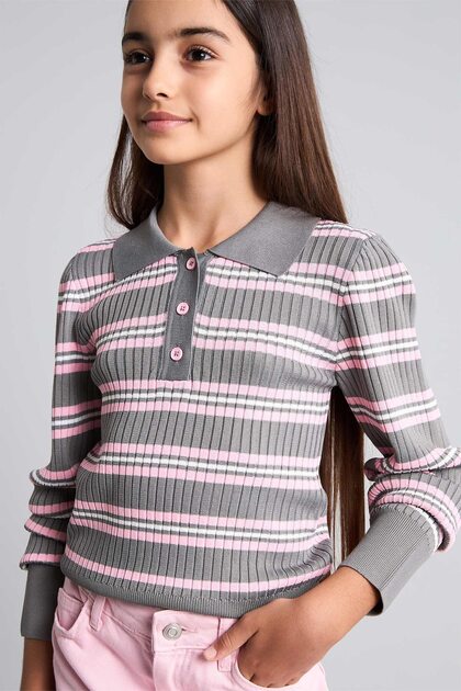 Regular Fit Polo Collar Striped Sweater for Girls I1736A826Au