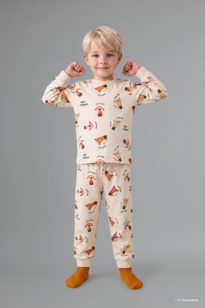 %100 Pamuk Uzun Kollu Bisiklet Yaka Üst Jogger Alt Hayvan Baskılı 2'li Pijama Takımı Erkek Bebek H65