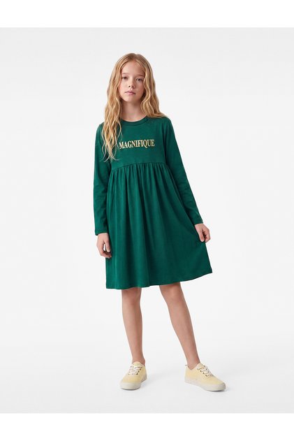 Printed Drawstring Long Sleeve Crew Neck Cotton Dress