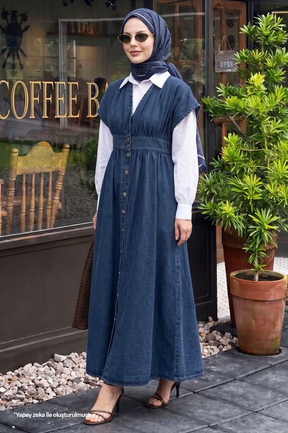 V-Neck Dark Blue Denim Dress