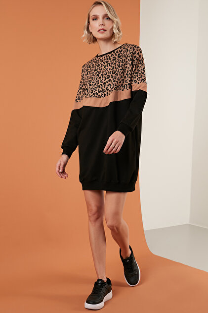 Leopar Desenli Renk Bloklu Oversize Bisiklet Yaka Tunik Kadın Tunik 5863604