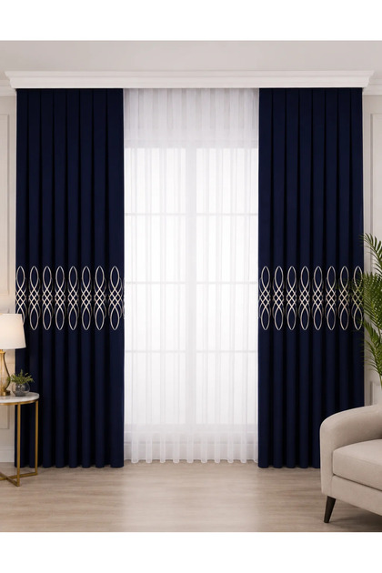 Infinity Embroidered Background Curtain - Cream Embroidery on Navy Blue 1X3 Dense Pleats (Single Panel)