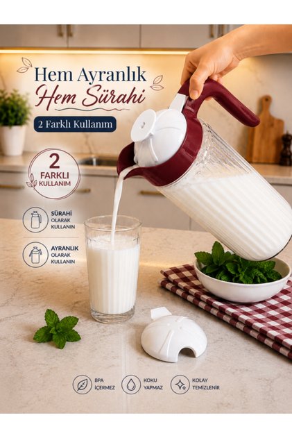 1500 cc Kırmızı Kapaklı Cam Ayran Karıştırma Sürahisi (yedek kapaklı)