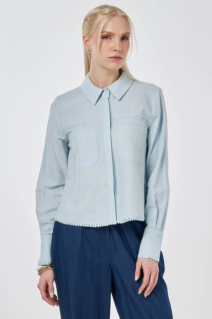 Striped Eyelet Embroidery Lu Cotton Linen Blouse Blue