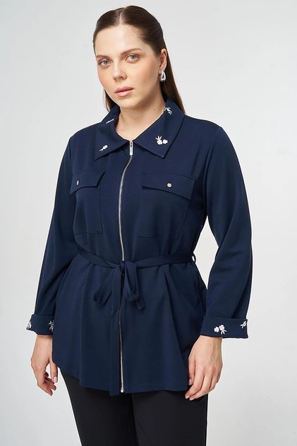 Collar Embroidered Modal Sweatshirt Dark Navy Blue