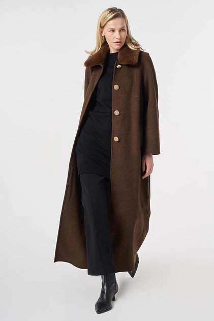 Long Cashmere Coat with Fur Collar Dark Brown