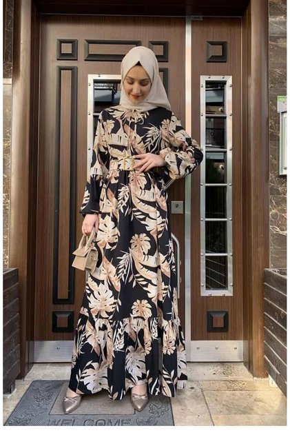 Palm patterned dress 0228-01 black beige