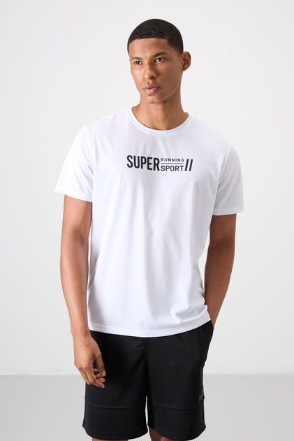 Beyaz Nefes Alan Dokulu İnce Esnek Standart Fit Erkek Performans T-Shirt - 88385