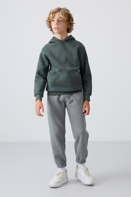 Gray Melange Cotton Thick Fleece Lined Standard Fit Printed Boys' Tracksuit Bottom - 11225
