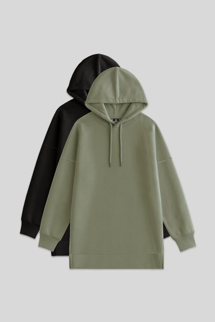 Rahat Form Kapüşonlu 2li Paket Siyah-Çağla Kadın Tunik Sweatshirt - 97242