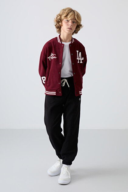 Black Thick Soft Textured Standard Fit Embroidered Fleece Boy's Tracksuit Bottom - 11220
