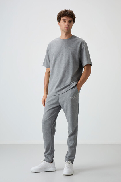 Gray Melange Cotton Thick Soft Textured Oversize Fit Embroidered Men's Tracksuit Set - 85252