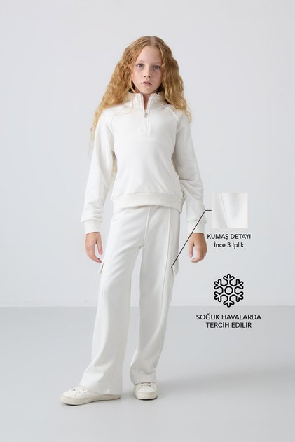 Ecru Cotton Inside Hairy Soft Textured Standard Fit Embroidered Girl's Tracksuit Set - 75159