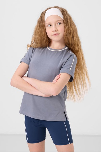 Dark Blue Cotton O-Neck Standard Fit Basic Girl's T-Shirt - 75177