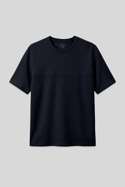 Navy Blue Waffle Interlock Surface Textured Oversize Fit Basic Men's T-Shirt - 88380