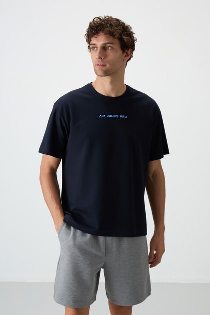 Navy Blue Cotton Thick Surface Textured Oversize Fit Printed Men's T-Shirt - 88364