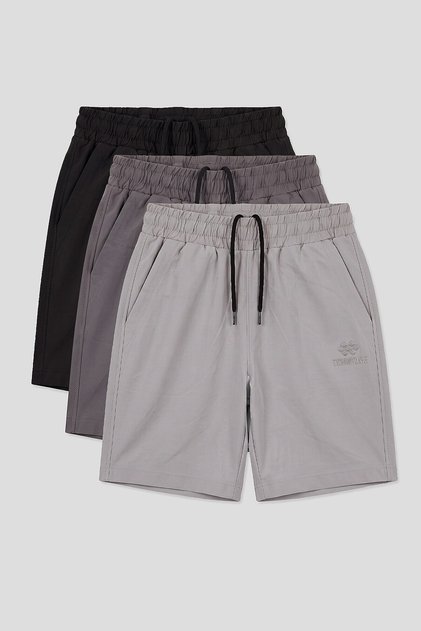 Standart Fit Basic 3lü Paket Siyah-Koyu Gri-Taş Erkek Çocuk Şort - 11303