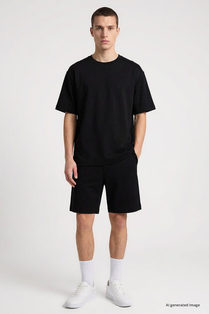 Black Oversize Fit Basic Men's Shorts Set - 85292