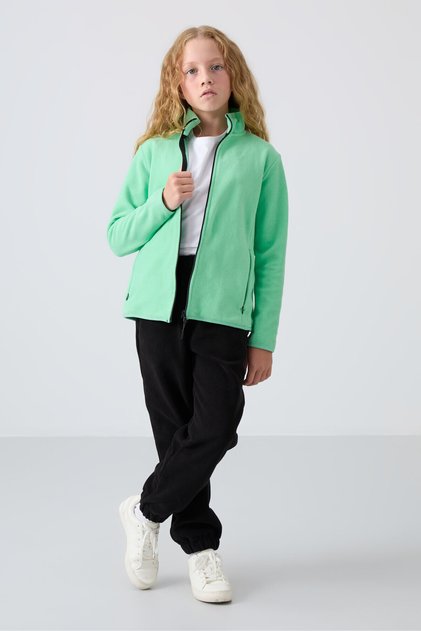 Water Green Thick Soft Textured Standard Fit Embroidered Fleece Girls' Sweatshirt - 75154