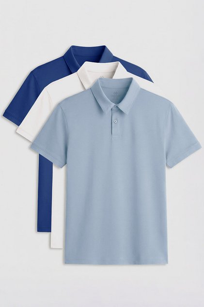 Ανδρικό T-Shirt Standard Fit Basic Polo Neck 3-pack Ecru-Ice Blue-Parliament - 87768