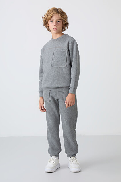 Gray Melange Cotton Thick Fleece Lined Standard Fit Printed Boys' Tracksuit Set - 11257