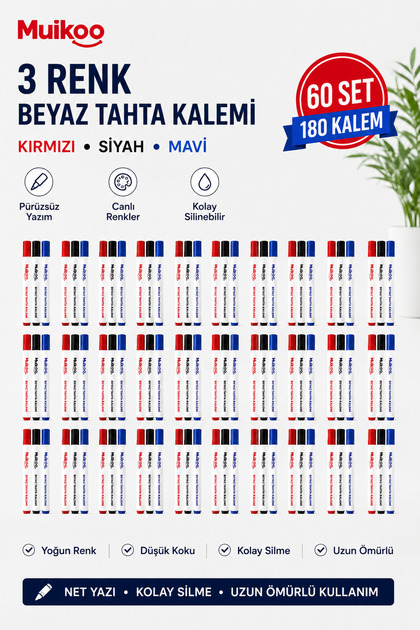 60 Paket 3'lü Beyaz Tahta Kalemi Seti - Kırmızı, Mavi, Siyah