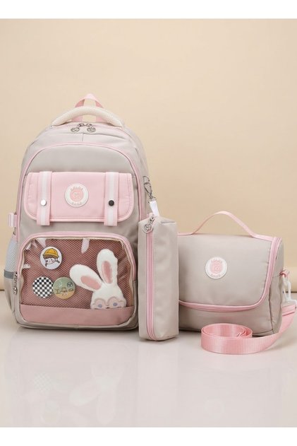 Kawaii Korean Style School Backpack with Accessories and Ergonomic Black-Beige-Grey | Nutrition, Pen Holder Set