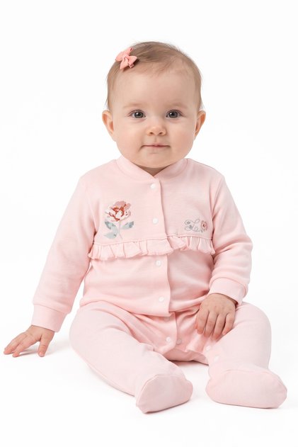 Baby Girl Ecru Salmon Rose Embroidered Cross-Stitch Snap-On Jumpsuit with Booties
