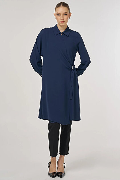 Metal Buckle Long Tunic Dark Navy Blue