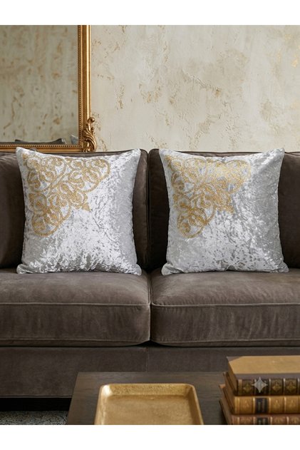 2 Pieces Velvet Cushion Cover/40X40Cm/Glittery Leather Embroidery/Gold Leather Embroidery on Gray Velvet