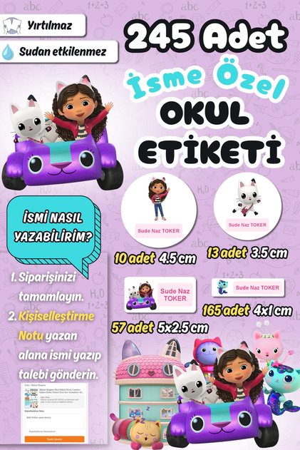 Okul Etiketi Gabby Temalı Kalem Defter Etiketi Özel İsim Yazılabilen Etiket 245 Adet İsim Etiketi