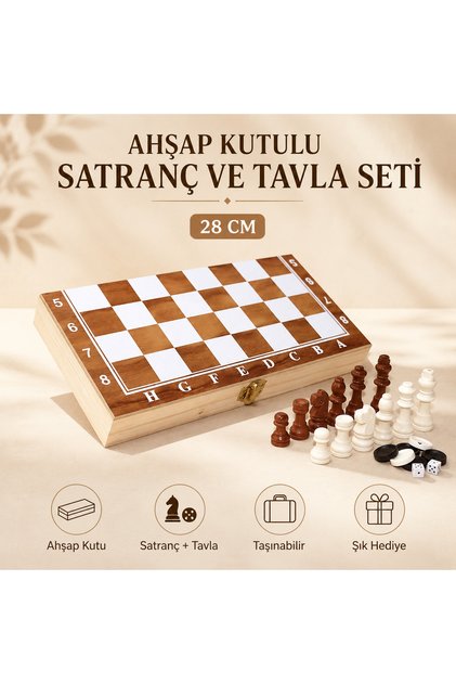 Ahşap Kutulu Satranç ve Tavla Seti 28 Cm