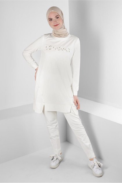 Printed Text Button Detail Sweatshirt Tunic 43348
