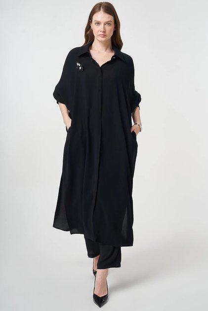 Embroidered Crepe Long Tunic Black
