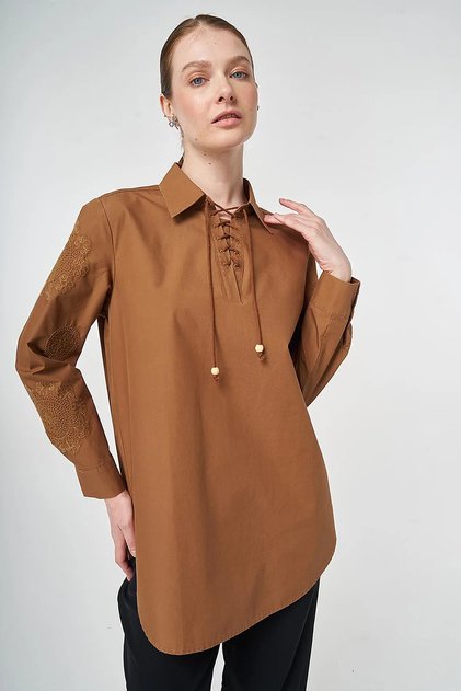 100% Cotton Lace-Up Tunic Brown