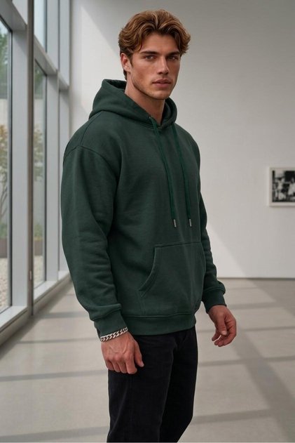Men's Green Plain Hooded Cotton Sweatshirt