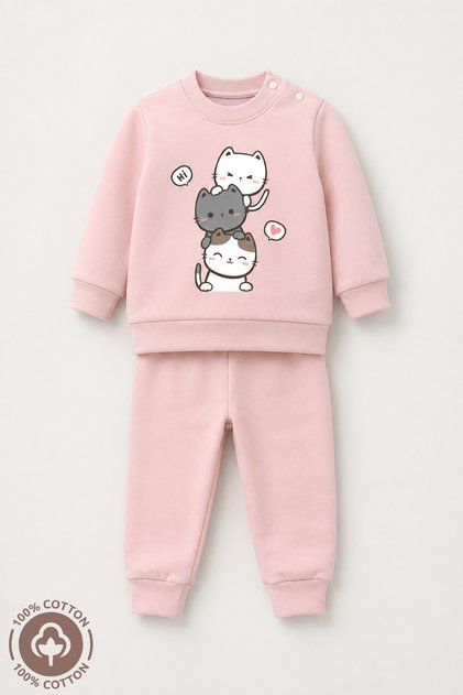 Baby Girl 3 Cat Printed 100% Cotton 6-9-12 Months Top and Bottom 2-Piece Baby Girl Set