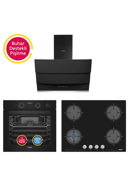 0+10 Fonksiyon Steam Master Buharlı Siyah 3'lü Ankastre Set (8244 Fırın + 3653 Ocak + 8678 Davlumbaz)