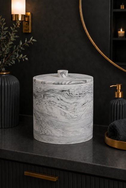 Mermer Desenli Beton Çöp Kovası Banyo Mutfak Tuvalet Wc 18 Cm 4 Litre