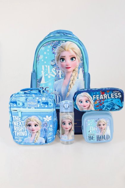 DEKOMUS LİSANSLI ELSA FROZEN OKUL ÇANTASI,KALEM ÇANTASI,BESLENME ÇANTASI,BESLENME KABI VE 500 ML MAT