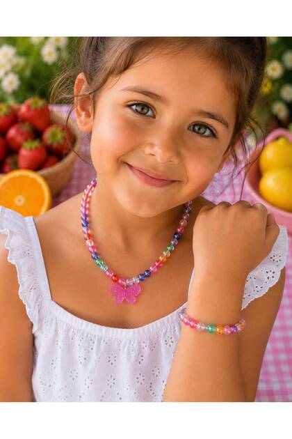 Pink Beaded Children's Necklace and Bracelet Set - Butterfly Pattern