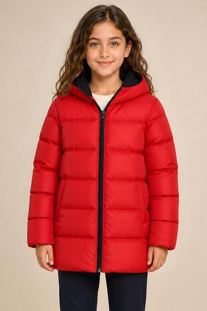 Girl's Red Fleece Hooded Waterproof Wind-Resistant Pocket Puffer Winter Coat