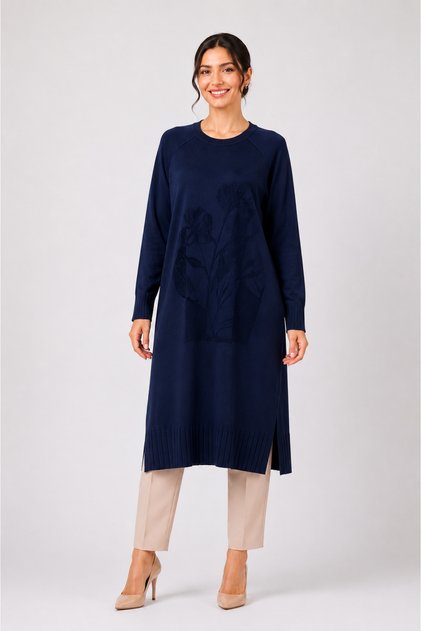 Önü Çiçek Desenli Merserize Tunik 36231
