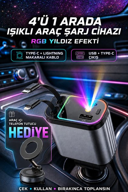 66W PRO cw1 Led Işık Tavan Aydınlatmalı 4IN1 Çift Kablolu Hızlı Şarj 3.4A Araç İçi Çakmaklık Şarj Aleti