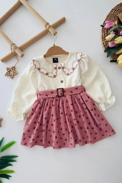 My Little One's Velvet Heart Patterned Collar Detailed Girls' 2-Piece Set - Dusty Rose