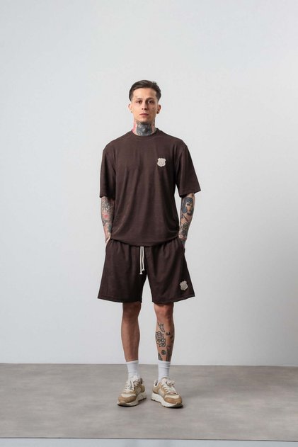 Men's Route 07 Arma Detailed Regular Fit T-Shirt Shorts Set Brown