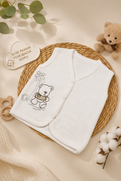 Baby Quilted Combed Cotton Anti-Sweat Vest. Cream Teddy Bear Embroidered