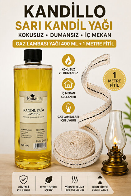 Kandillo Sarı Kandil Yağı Kokusuz Dumansız Iç Mekan Gaz Lambası Yağı 400 Ml + 1 Metre Fitil