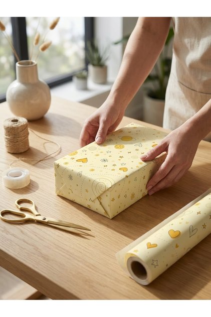 Sarı Renkli Kalp Ve Yıldız Temalı Hediye Paketi Kağıdı (10 Adet)