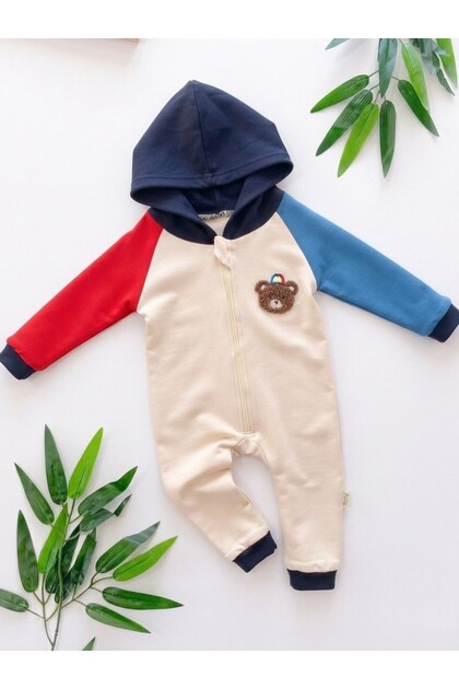 Baby Boy Hooded Bear Embroidered 6-9-12-18 Months Seasonal Baby Jumpsuit with Zipper